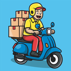 Cartoon Delivery Courier on Scooter with Boxes