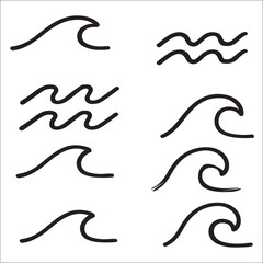 Doodle Style Wave Illustrations Simple Black and White Ocean Sea Water Surface Sketch Style Line Art Graphic Element Set