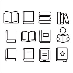 Book Icon Set for Education and Knowledge with Open and Closed Books and Person Reading