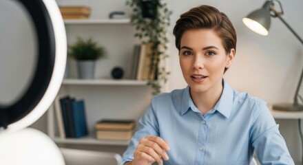 Fototapeta premium Confident Young Woman Presenting on a Video Call with Ring Light in Modern Home Office
