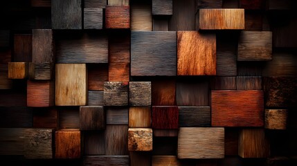 A close-up view of a wall composed of various sized, multi-toned wooden blocks, showcasing a rich interplay of textures and warm hues.
