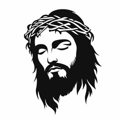 Jesus Christ with crown of thorns, religious faith, black silhouette