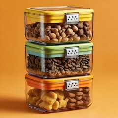Three clear plastic food storage containers, stacked vertically, filled with various snacks,  brightly colored lids