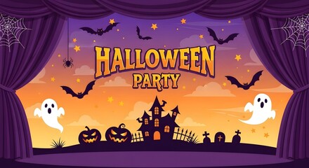 Halloween party stage with cartoon castle, pumpkins, ghosts, and bats against an orange and purple sky backdrop, perfect for invitations and flyers
