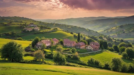 Obraz premium Charming Countryside Village at Sunset with Green Fields