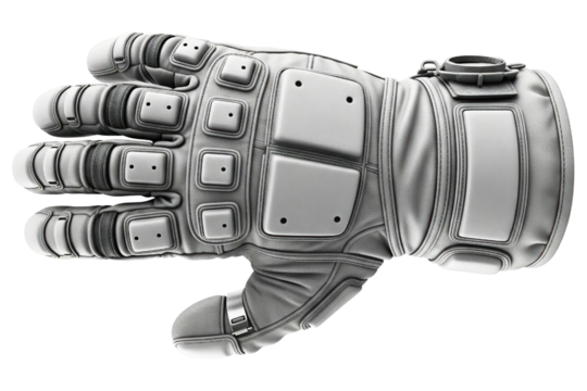 Futuristic armored science fiction glove for a space suit isolated on a transparent background