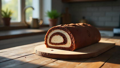 chocolate swiss roll, chocolate cake roll, dessert on wooden table, pastry with swirled pattern, baked good on rustic surface, indoors kitchen setting, natural lighting, 3D render