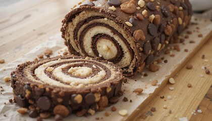 yummy chocolate swiss roll, delicious swirly cake, rolled baked dessert with nuts and chocolate, sweet bakery pastry, indulgent sweet treat, decadent chocolate rolled confection, 4K and HD image