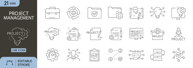 Project Management icons set. Includes planning, tasks, team, deadline, calendar, and workflow symbols. Editable stroke. Line icons. Perfect for office apps, strategy, and productivity tools.