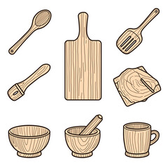 Wooden Kitchen Handicraft Vector Set – Spoon, Bowl, Board & Utensils