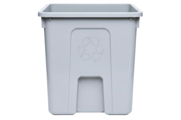 Square plastic waste container with a recycling symbol on the front isolated on a transparent background