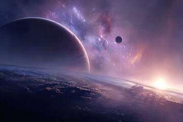 Vast planetary landscape with nebulae stars and a distant sun casting light