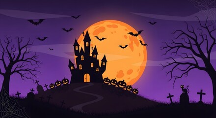 A spooky halloween night scene with a haunted castle on a hill under a full moon, bats flying around, and a graveyard with tombstones and crosses