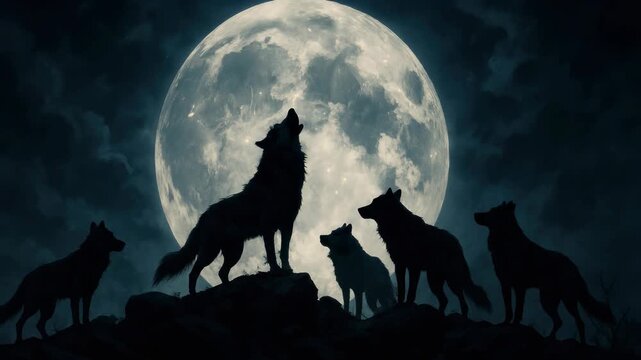 Silhouetted wolves howling at a full moon, captured from a low angle. The scene evokes a mystical, cinematic video atmosphere. Live desktop wallpaper.
