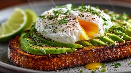 Delicious avocado toast topped with poached egg and spices. healthy food concept.
