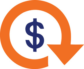 Money back guarantee symbol featuring a dollar sign within an orange circular arrow indicating refund and financial security
