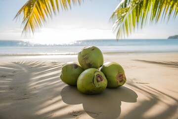 Cluster of green coconuts on tropical sandy beach
