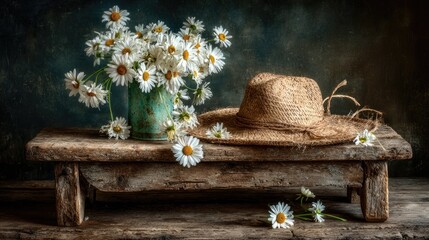 Rustic daisies in a teal tin, straw hat on weathered wood