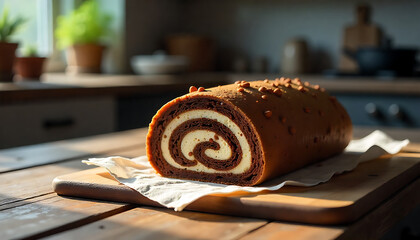 a chocolate swiss roll cake, close-up view of a delicious homemade dessert, wooden surface, natural lighting, warm tone, detailed pastry, appetizing, bakery, cafe, cozy atmosphere, HD image