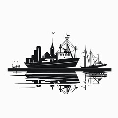 Fototapeta premium Nautical seascape featuring fishing boats with a reflective water, a monochrome silhouette