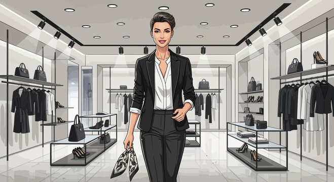 Elegant businesswoman in upscale boutique with premium fashion selections