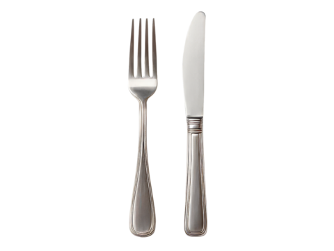 Elegant silver fork and knife on black background, Isolated On White Background, Png Transparent
