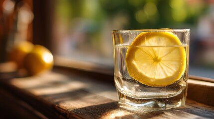 A close-up view of a glass of water with a bright, sunny lemon slice, illuminated by natural light filtering through a window.