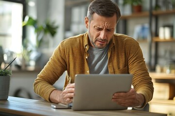 Businessman experiencing  pain at office while working on laptop, feeling discomfort yet striving to remain focused on important work tasks, Generative AI
