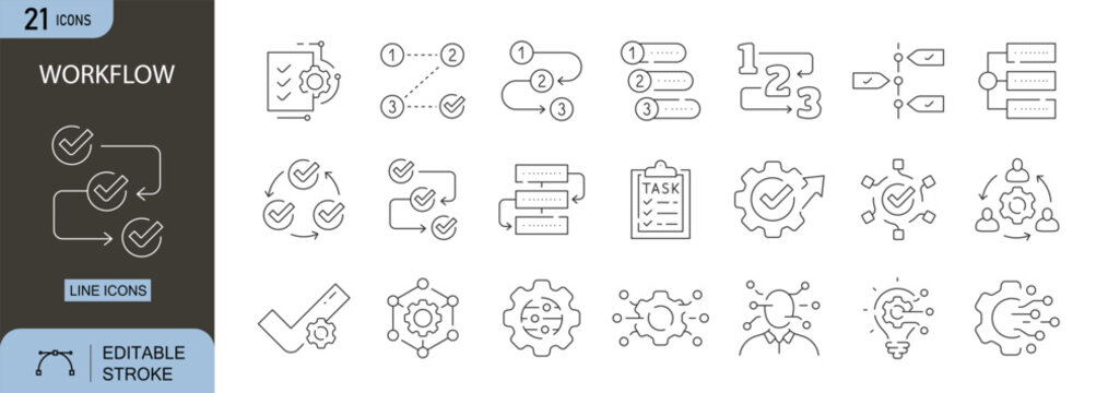 Workflow icons set. Includes process, steps, automation, tasks, and flowchart symbols. Editable stroke. Line icons. Perfect for business planning, management, and project design.