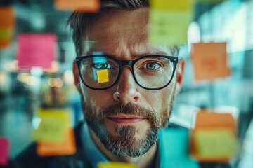 Businessman using eye drops in office workspace with sticky notes on glass wall, managing health while remaining focused on work tasks, Generative AI