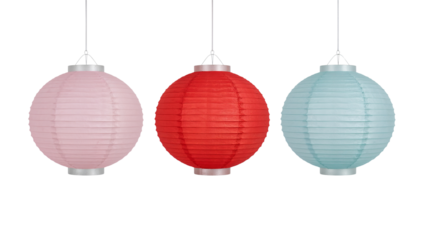 Pastel paper lanterns in pink, red and blue create a festive mood for parties, celebrations and events offering a delightful colorful touch