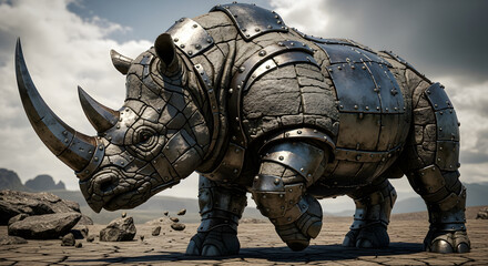 Fototapeta premium Armored Rhinoceros Walking in a Rocky Landscape
