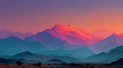 Minimalist Mountain Landscape at Sunset with Vibrant Pink and Purple Hues, Isolated Background for Copy Space