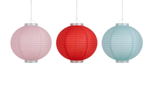 Pastel paper lanterns in pink, red and blue create a festive mood for parties, celebrations and events offering a delightful colorful touch