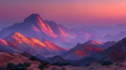 Sunset Mountain Landscape with Pink and Purple Hues, Isolated Background for Copy Space