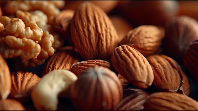 A close-up of assorted nuts including almonds, walnuts, and cashews.