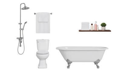 Elegant bathroom interior mockup showcasing a classic clawfoot bathtub, toilet, shower and vanity shelf with towels and bath products