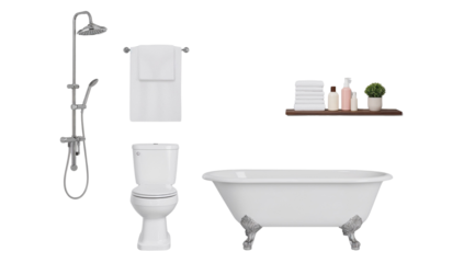 Elegant bathroom interior mockup showcasing a classic clawfoot bathtub, toilet, shower and vanity shelf with towels and bath products