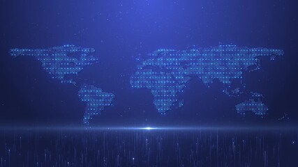 Digital world map by glowing binary dots, light flare moving upward across dark blue background. Futuristic data visualization of global network, communication, technology, cybersecurity, blockchain. - Powered by Adobe