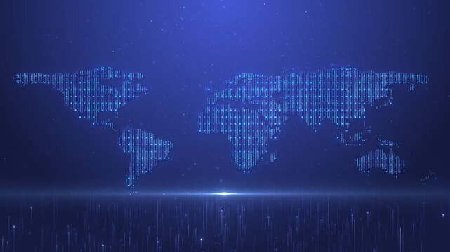 Digital world map by glowing binary dots, light flare moving upward across dark blue background. Futuristic data visualization of global network, communication, technology, cybersecurity, blockchain.