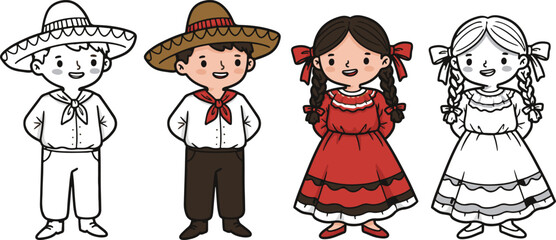 Cute Cartoon Mexican Boy and Girl in Traditional Clothing for Children Holiday Celebration. Mexican Independence Day