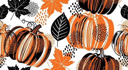 A seamless pattern of pumpkins and leaves in orange, black, and white, perfect for autumn, halloween, or thanksgiving backgrounds and designs