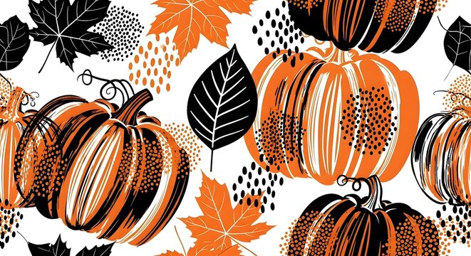 A seamless pattern of pumpkins and leaves in orange, black, and white, perfect for autumn, halloween, or thanksgiving backgrounds and designs