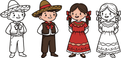 Cute Cartoon Mexican Boy and Girl in Traditional Clothing for Children Holiday Celebration. Mexican Independence Day