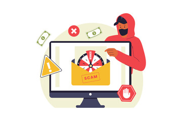Lottery Scam and Online Fraud Illustration. A Hacker Deceiving a User with a Fake Prize Notification, Highlighting the Dangers of Online Scams and Digital Deception. Flat Vector Illustration