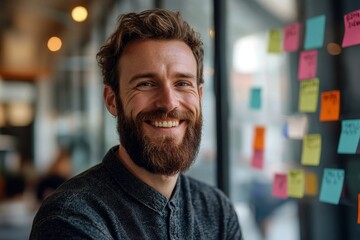 Confident businessman with beard smiling in office setting with glass walls and sticky notes, sharing a moment of satisfaction and success, Generative AI