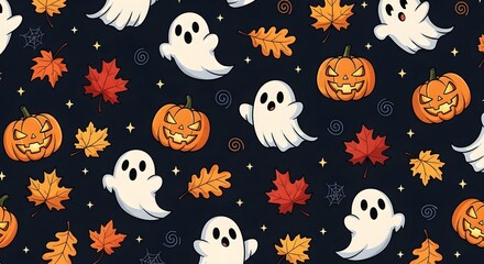 Seamless halloween pattern with ghosts, pumpkins, and autumn leaves on a dark background, perfect for spooky designs and festive celebrations