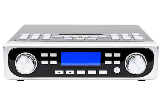 Modern digital stereo receiver with an amplifier and media player isolated on a transparent background