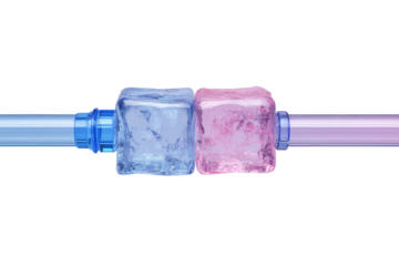 Two cubes of ice, one blue, one pink, connected by a tube