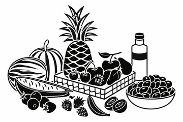 Healthy fresh food and drink set with fruit, vegetable, jam, and milk cartoon icons